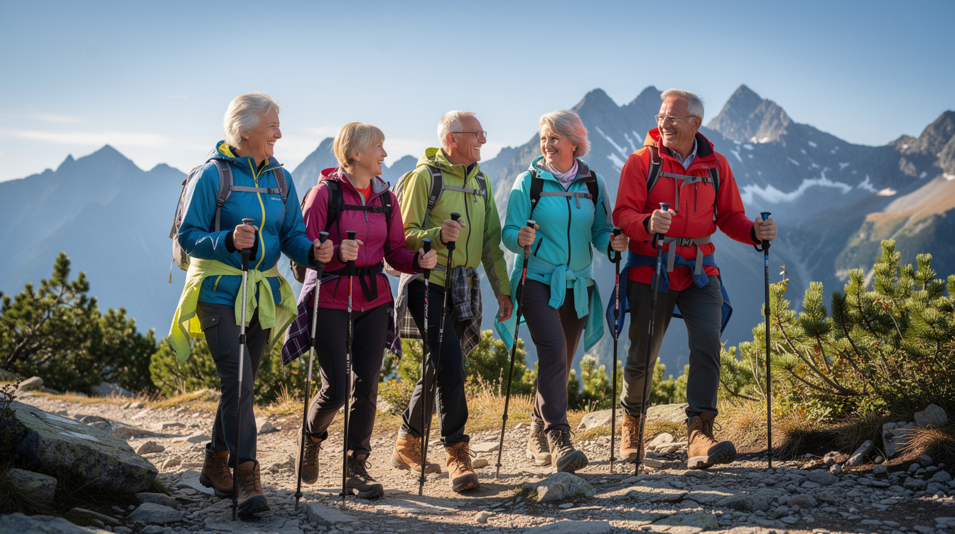 Group of active Slovak seniors hiking together in the mountains, smiling and using walking poles