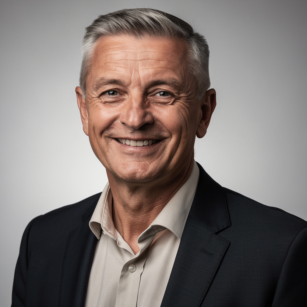 Studio portrait of an older Slovak man founder with grey hair smiling