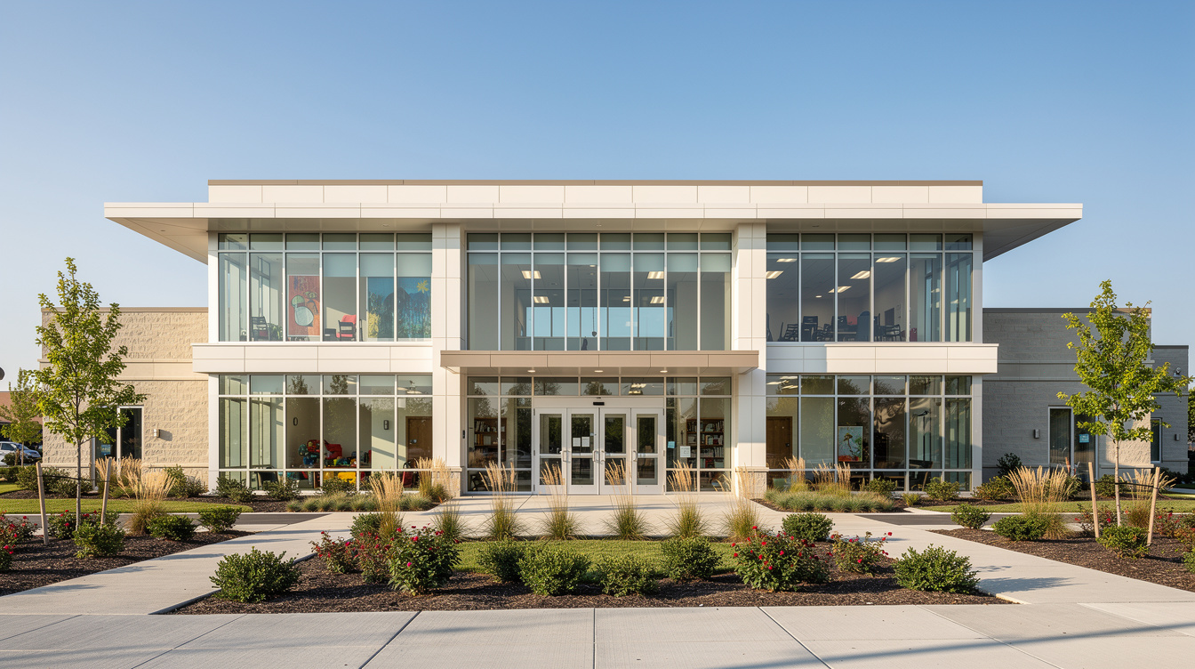Bright community centre building entrance with large windows